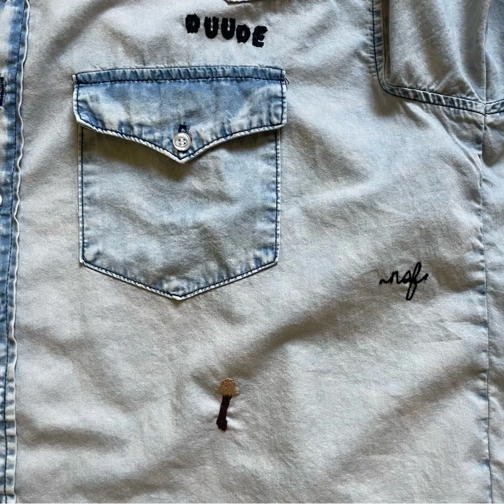 NWT NSF Suz Embroidered button Down Long Sleeve Denim Shirt in Formosa​